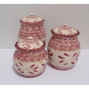 Temptations By Tara Old World Red Canisters with Lids  Hand Painted  3 Diff Size